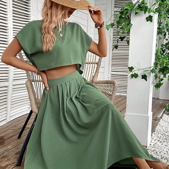 Green Boho Womens Women's Solid Color Loose Casual Two-Piece Set - Picture 3 of 6